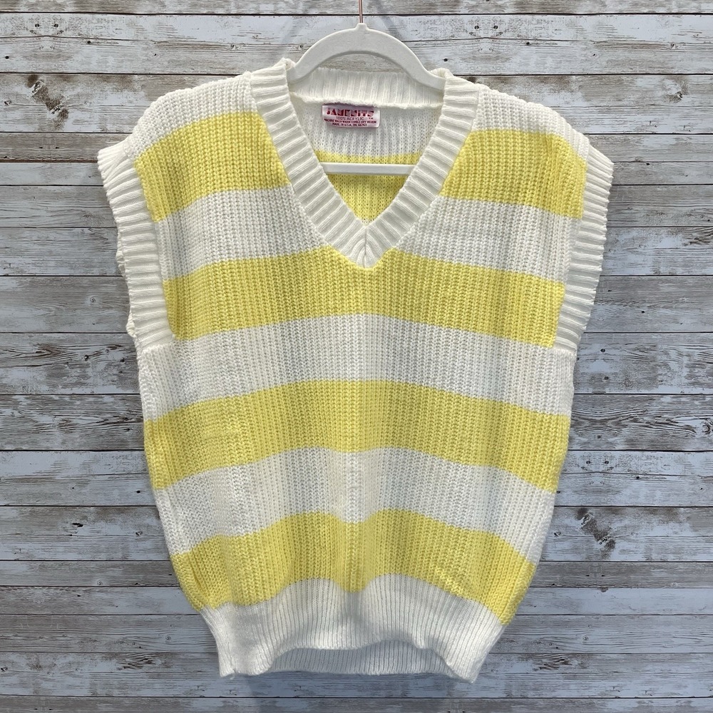 Vtg 90's Janenits Womens M Vest Sweater Striped Yellow & White V-Neck Preppy USA